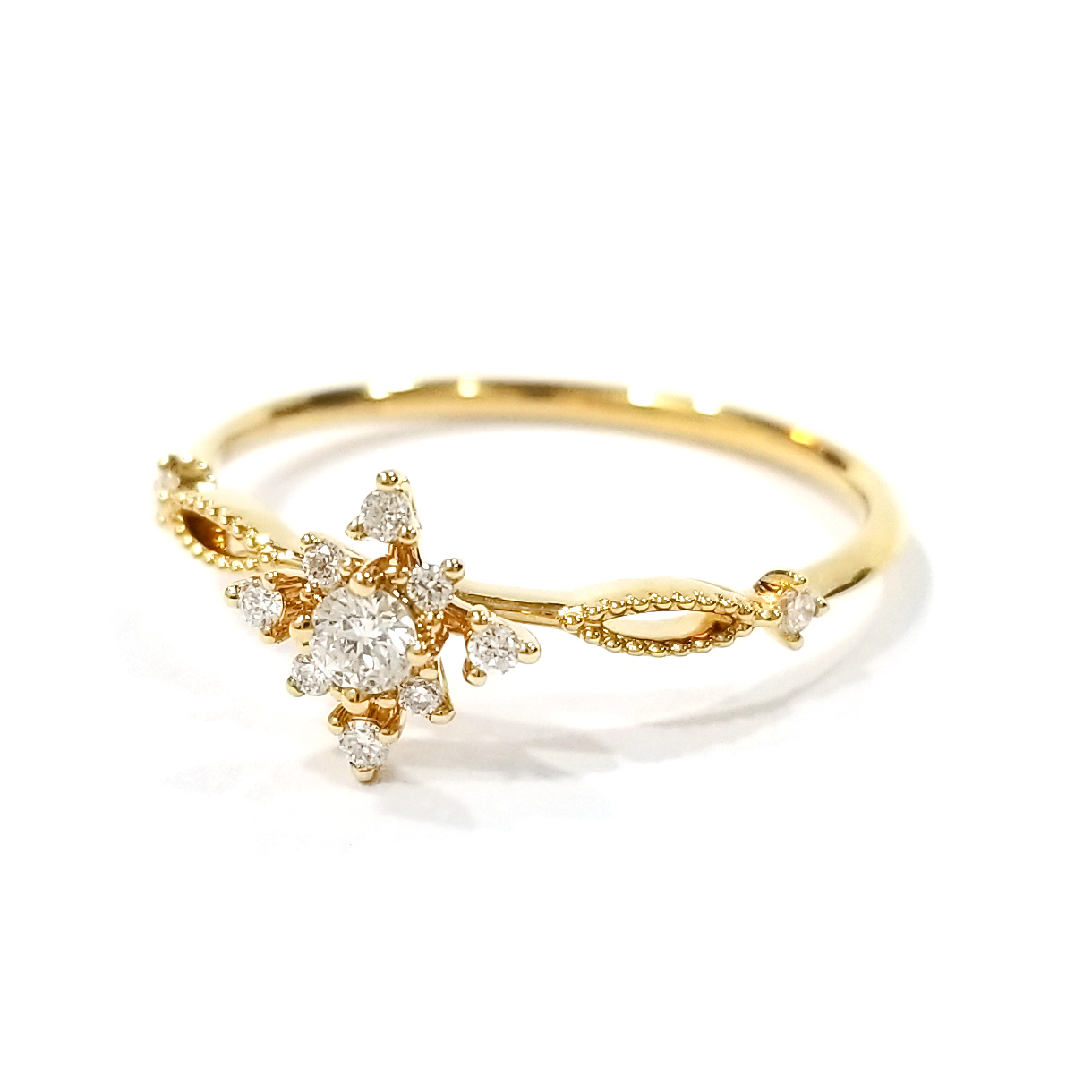 18K黃金天然鑽石珠邊戒指