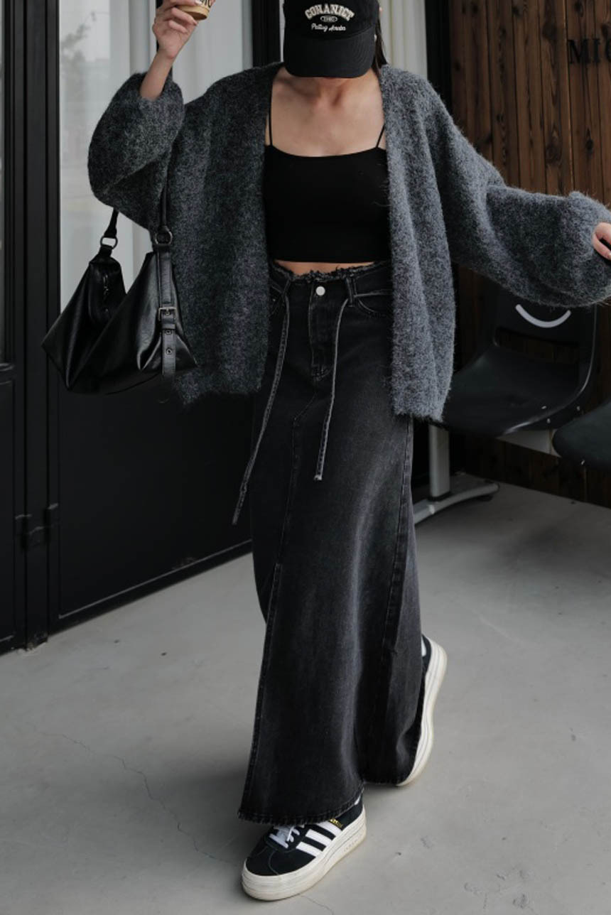 上鬚抽繩中間開衩灰系牛仔裙