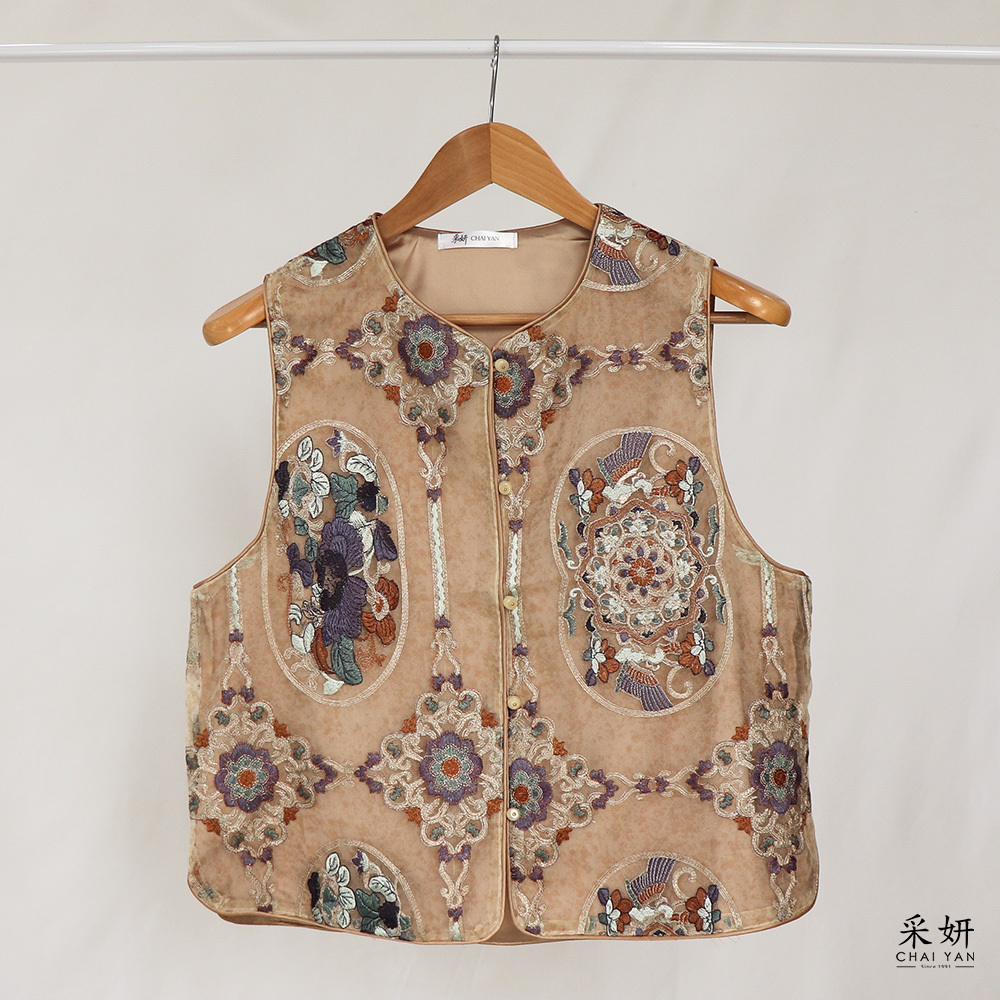 中國風刺繡大理石紋薄紗V領背心
