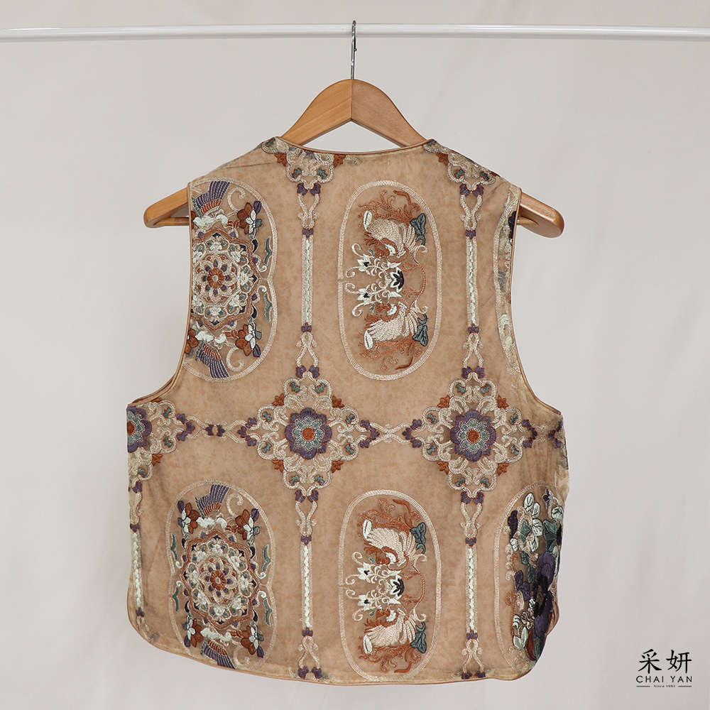 中國風刺繡大理石紋薄紗V領背心