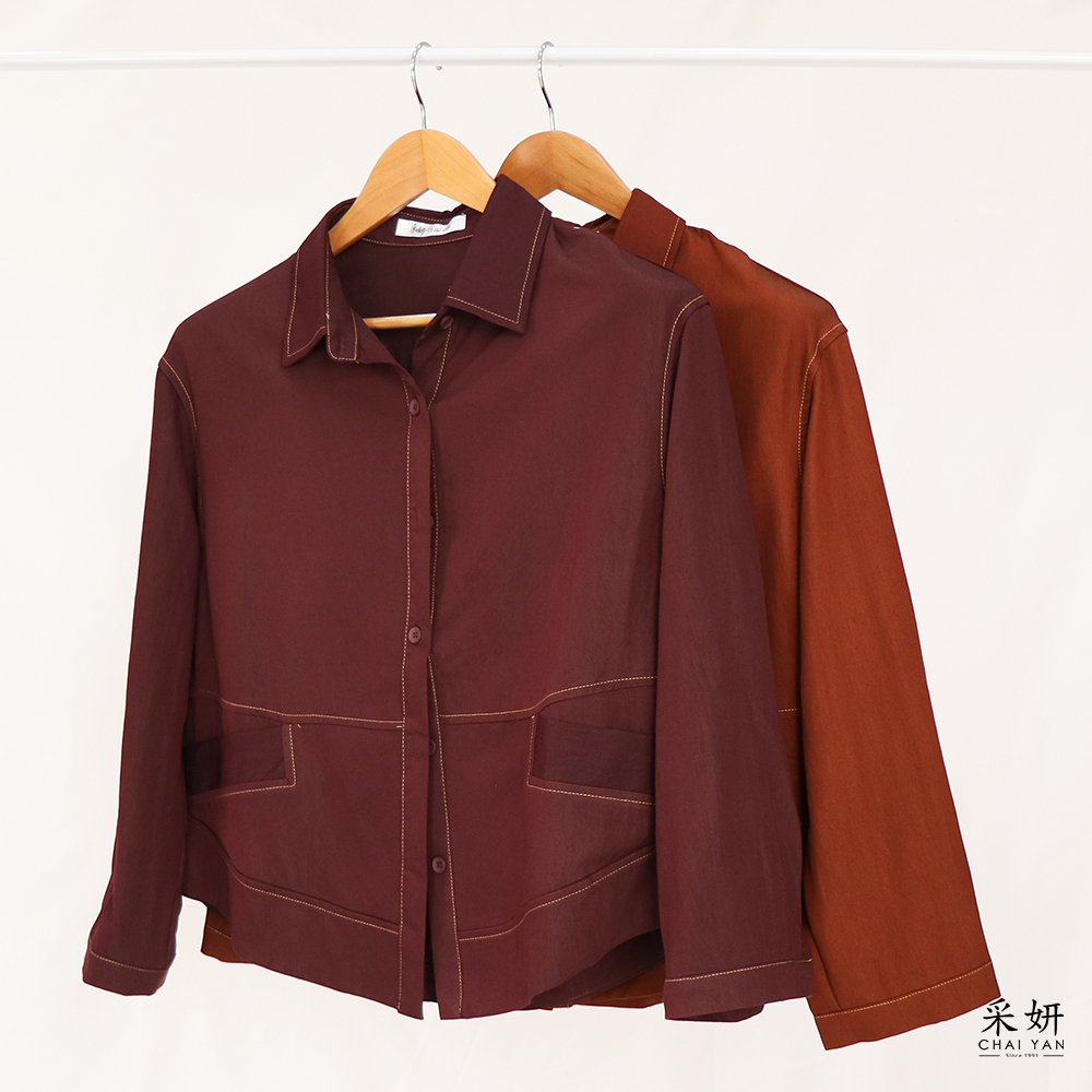 跳色縫線長袖襯衫外套