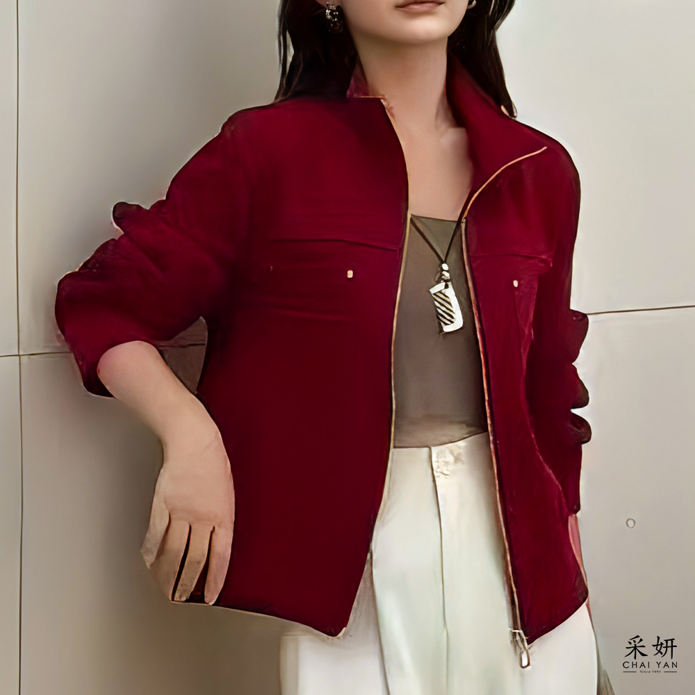 直線織紋拉鍊立領長袖外套