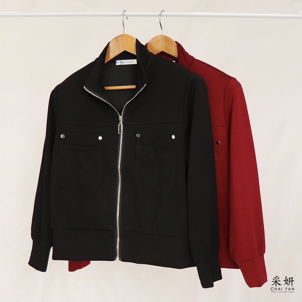 直線織紋拉鍊立領長袖外套