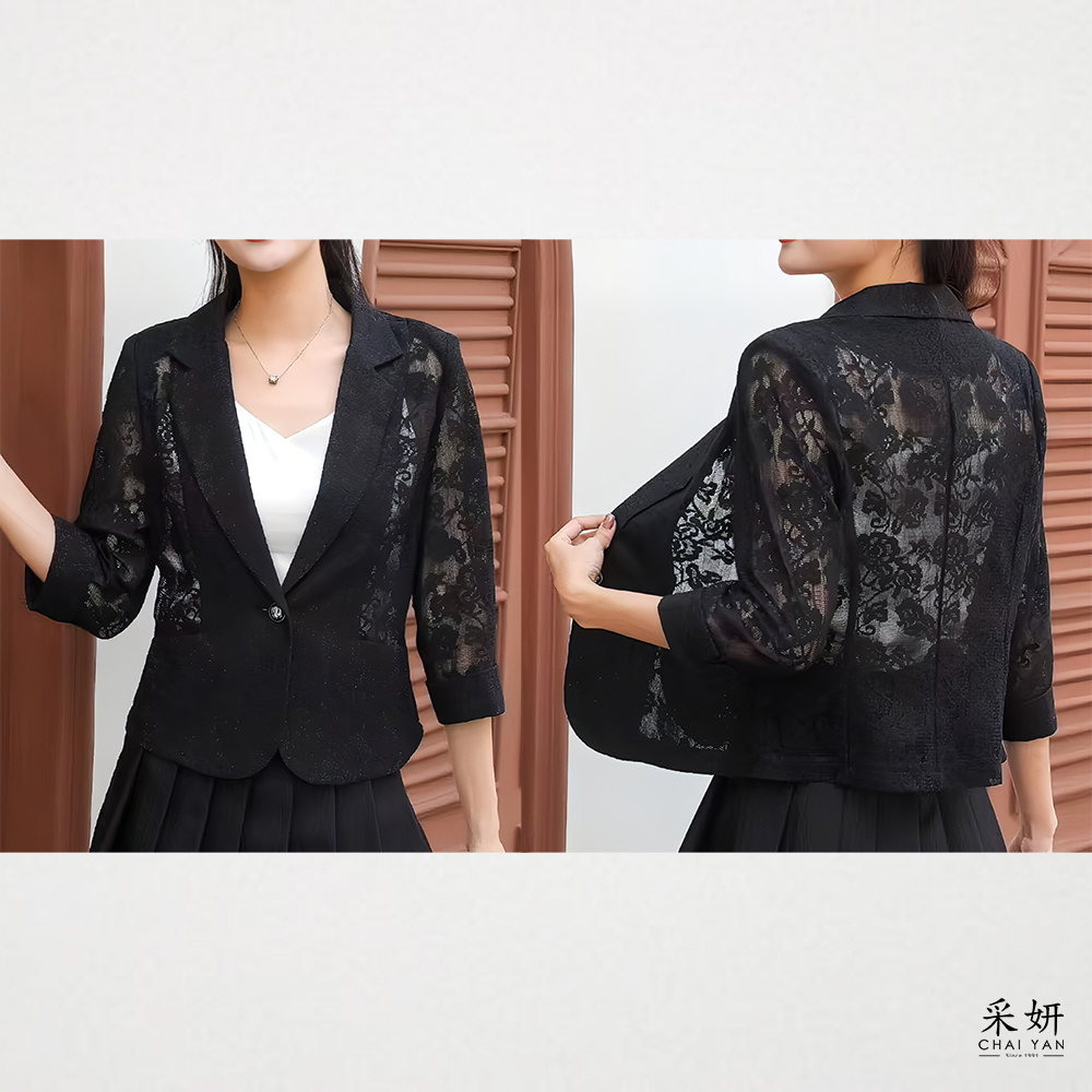 植物鏤空刺繡半袖墊肩西裝外套