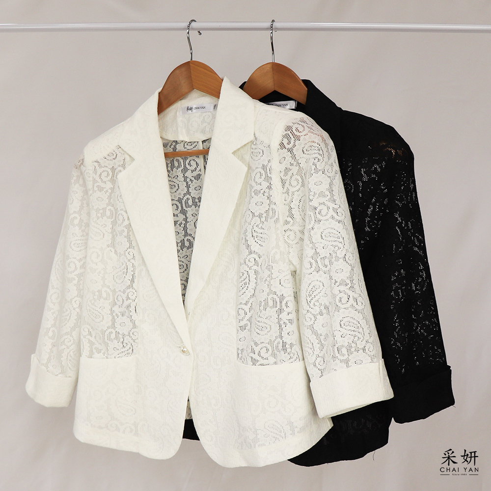 植物鏤空刺繡半袖墊肩西裝外套