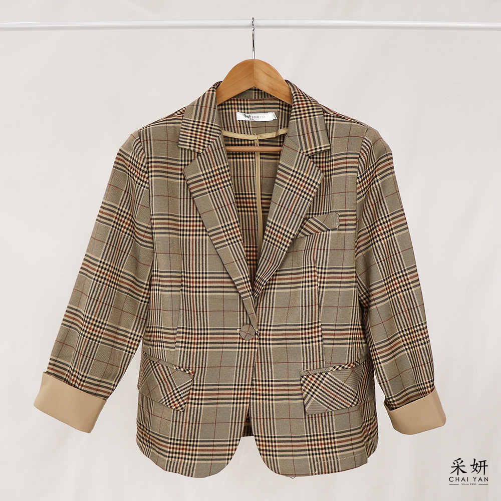 英倫風格紋半袖墊肩西裝外套