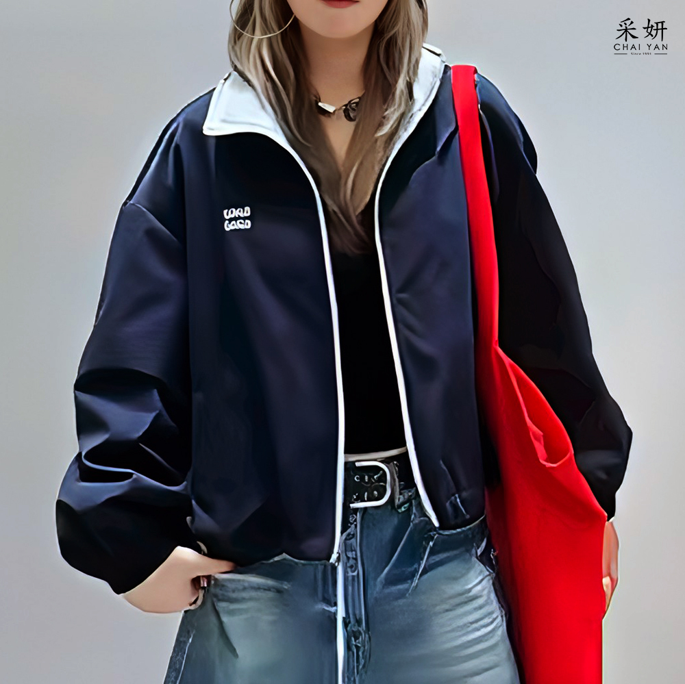 落肩雙面可穿布標拉鍊立領長袖外套