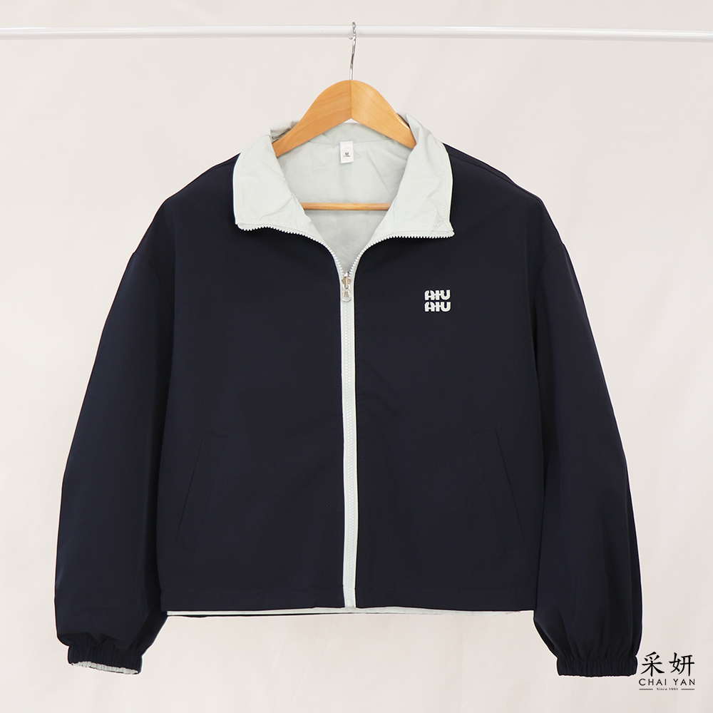 落肩雙面可穿布標拉鍊立領長袖外套