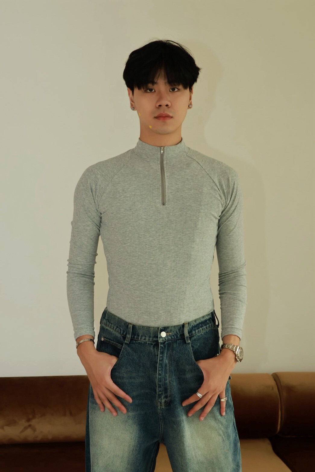 拉鍊 針織 修身 上衣 #長袖