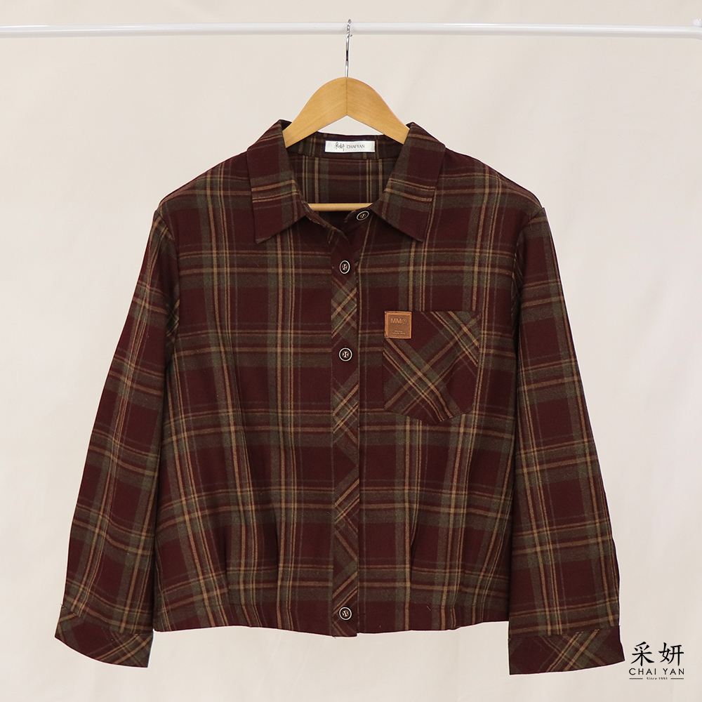 微絨格紋字母皮標長袖襯衫外套