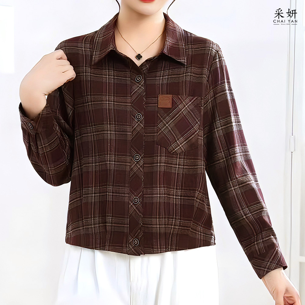 微絨格紋字母皮標長袖襯衫外套