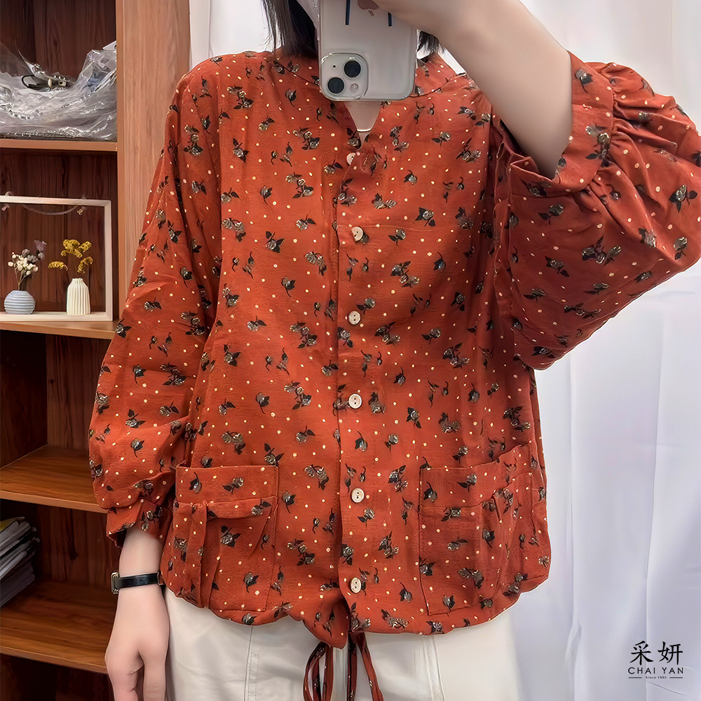 滿版玫瑰小V領襯衫長袖上衣