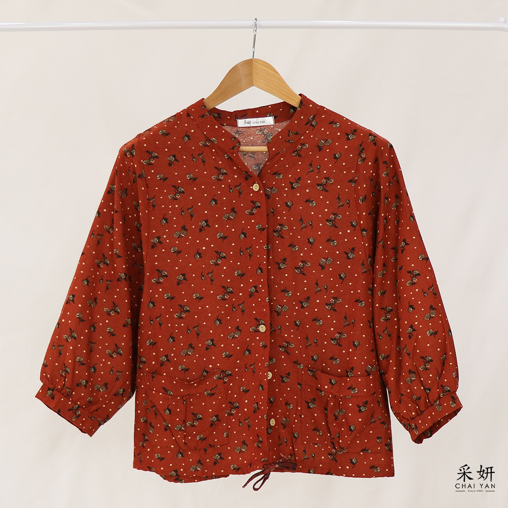 滿版玫瑰小V領襯衫長袖上衣