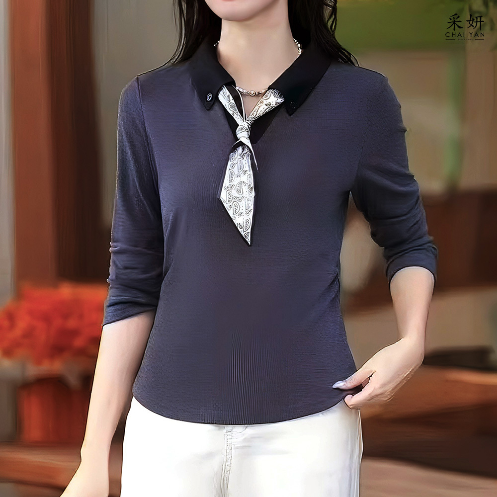 直條紋植物領巾小V領長袖上衣