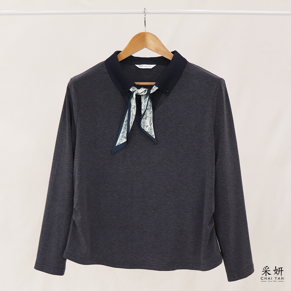 直條紋植物領巾小V領長袖上衣