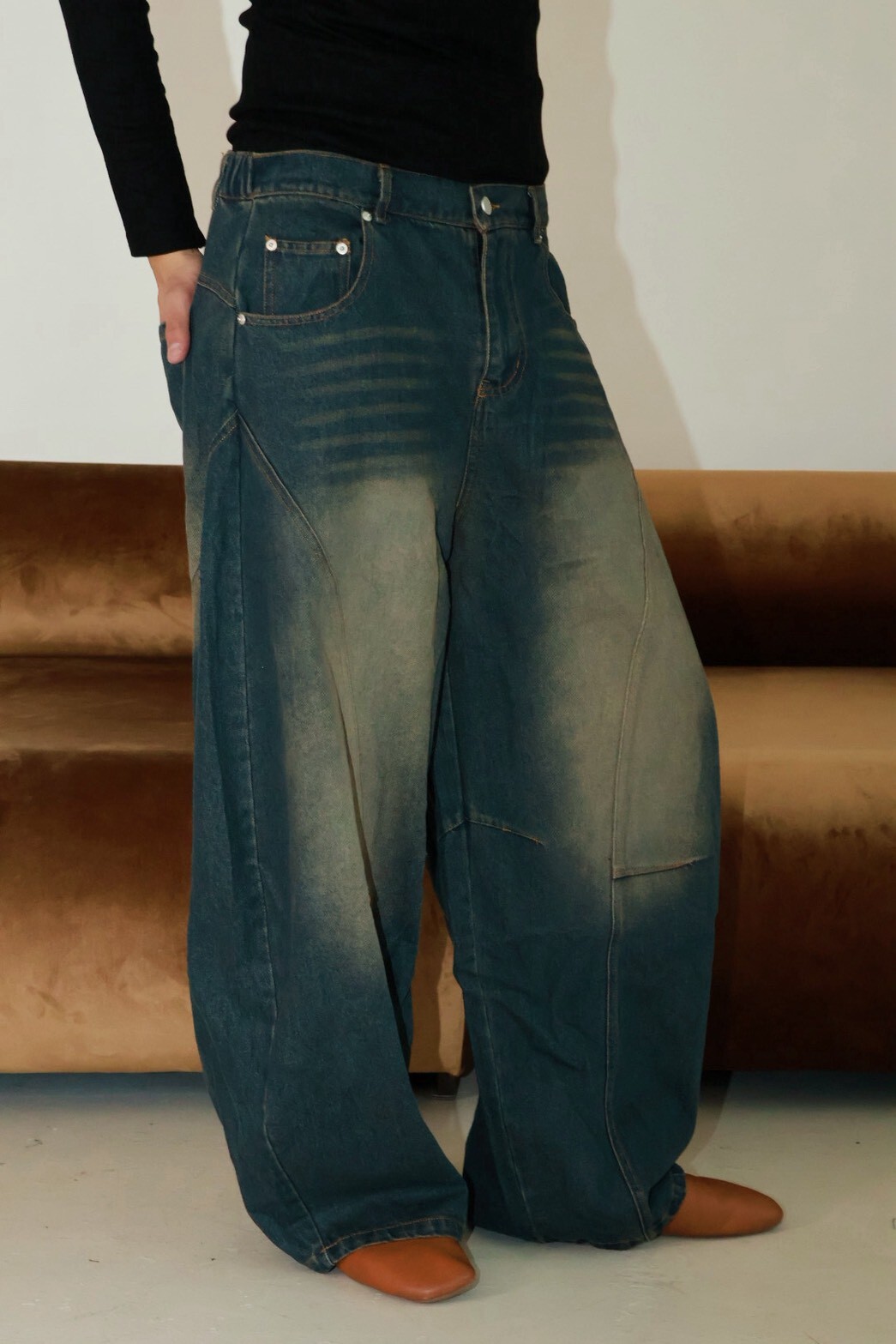 復古 刷色 弧形線條 彎刀 #牛仔褲