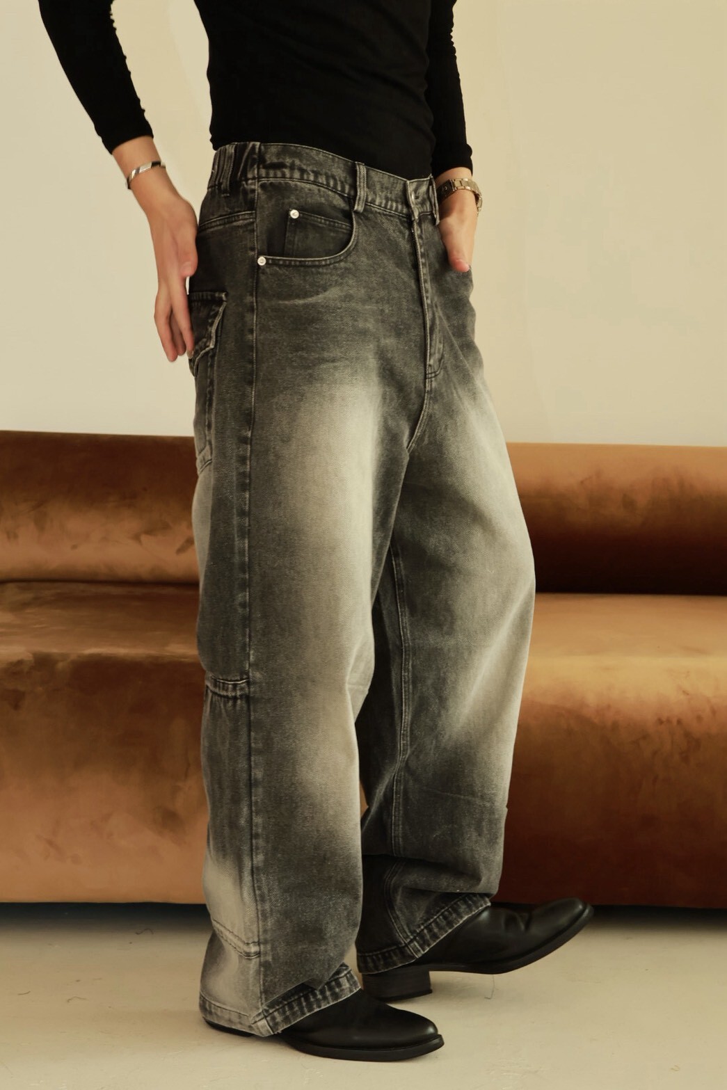 刷白 後鬆緊 後大口袋 #牛仔褲