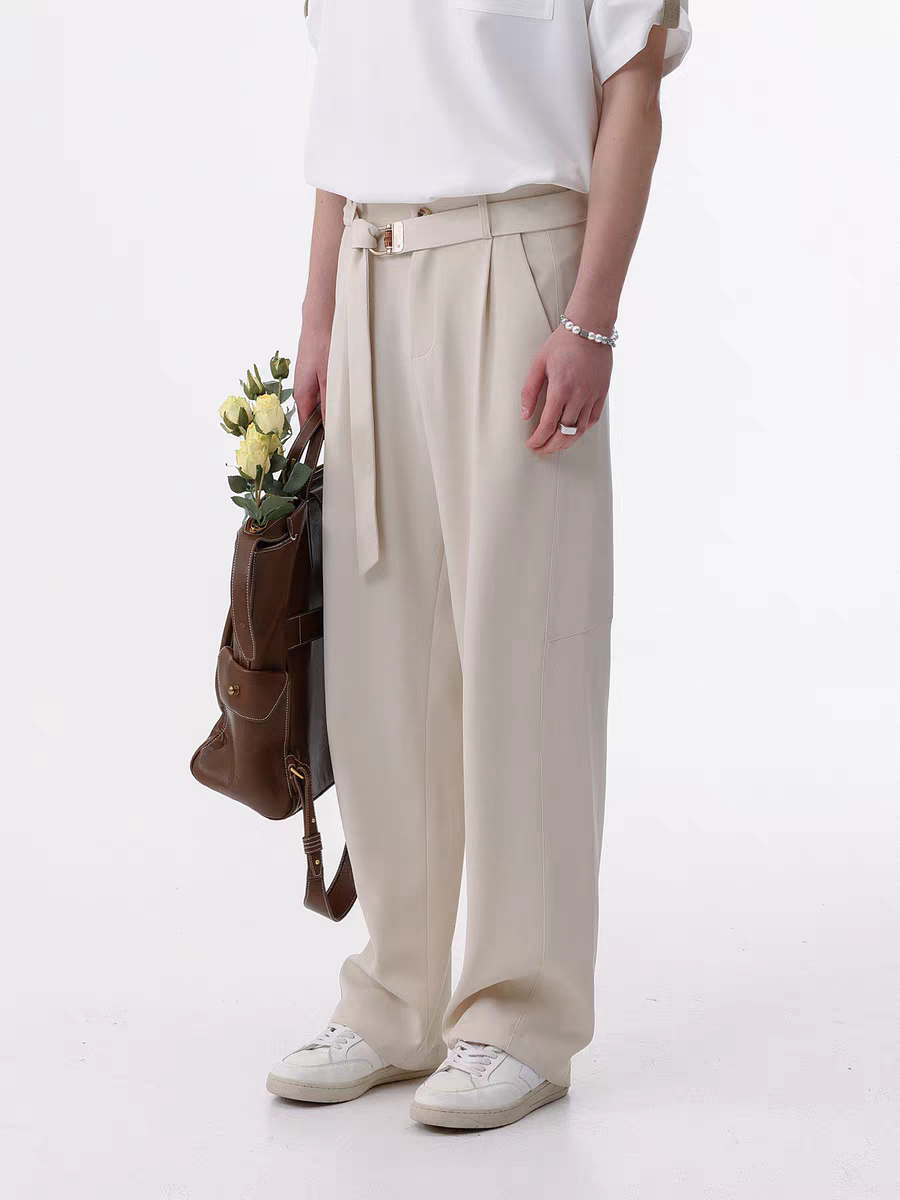 103. Beige High-Waisted Wide-Leg Trousers With Belt