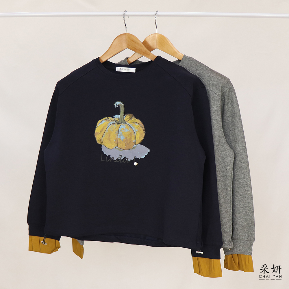 假兩件南瓜字母印花圓領長袖上衣