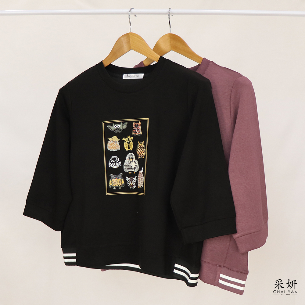 貓頭鷹異材質燙印滑棉圓領七分袖上衣