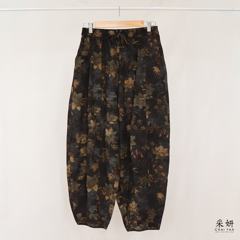 棉麻滿版花朵抽繩鬆緊腰哈倫褲