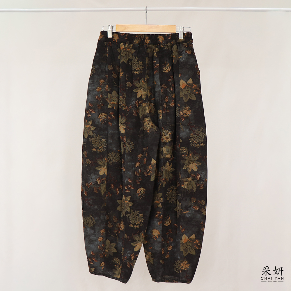 棉麻滿版花朵抽繩鬆緊腰哈倫褲