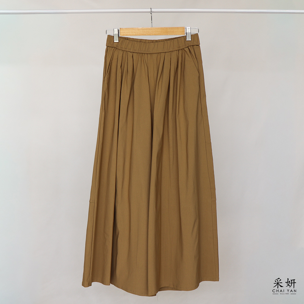 素色抽皺彈力鬆緊腰長裙褲