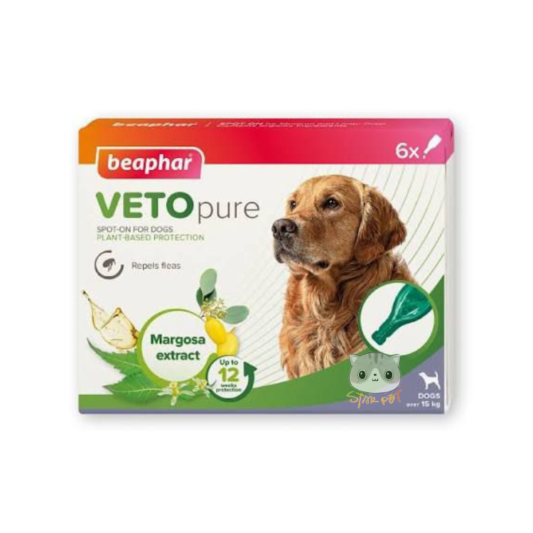 Beaphar VETO Pure Bio Spot On for Adult Dog over 15kg - Repels Fleas Ticks & Mosquitoes 6pcs
