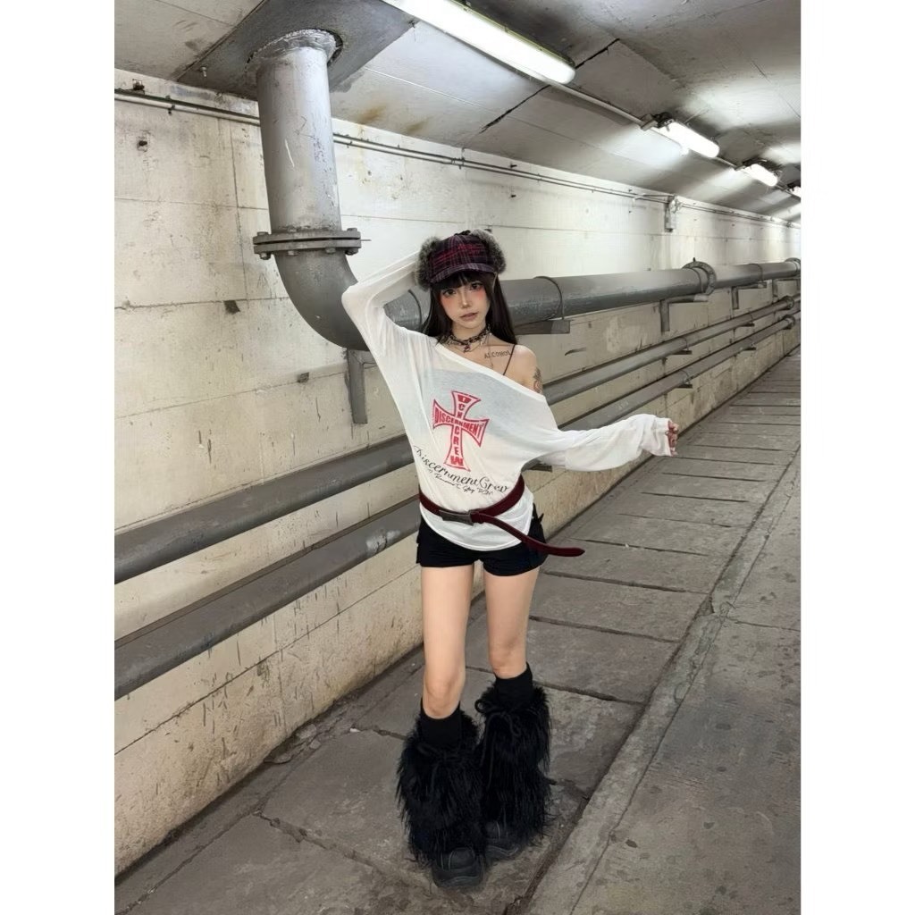 (GOAL) DCM 復古 印花 防曬 斜肩 平口 微透膚 紅色十字架