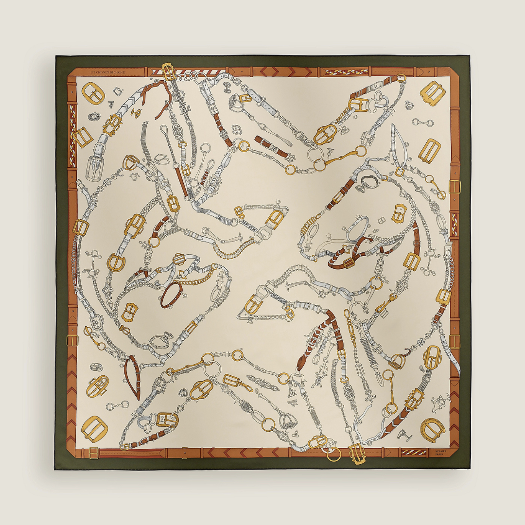 FHE08076 HERMES Les Chevaux Dechaines Scarf 90 #004096S (E)