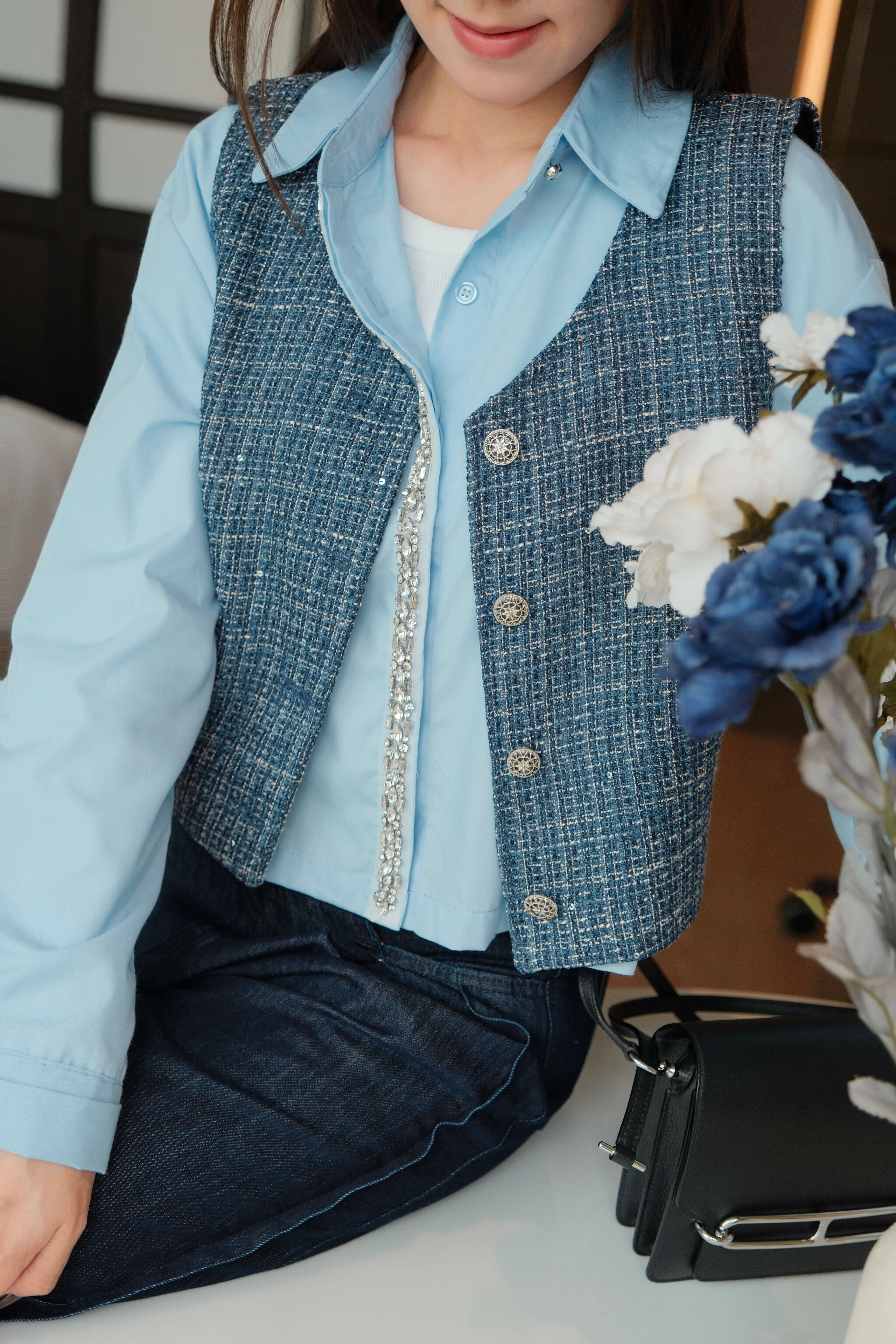 Plaid Tweed Sequins Crop Vest_JK2512L10