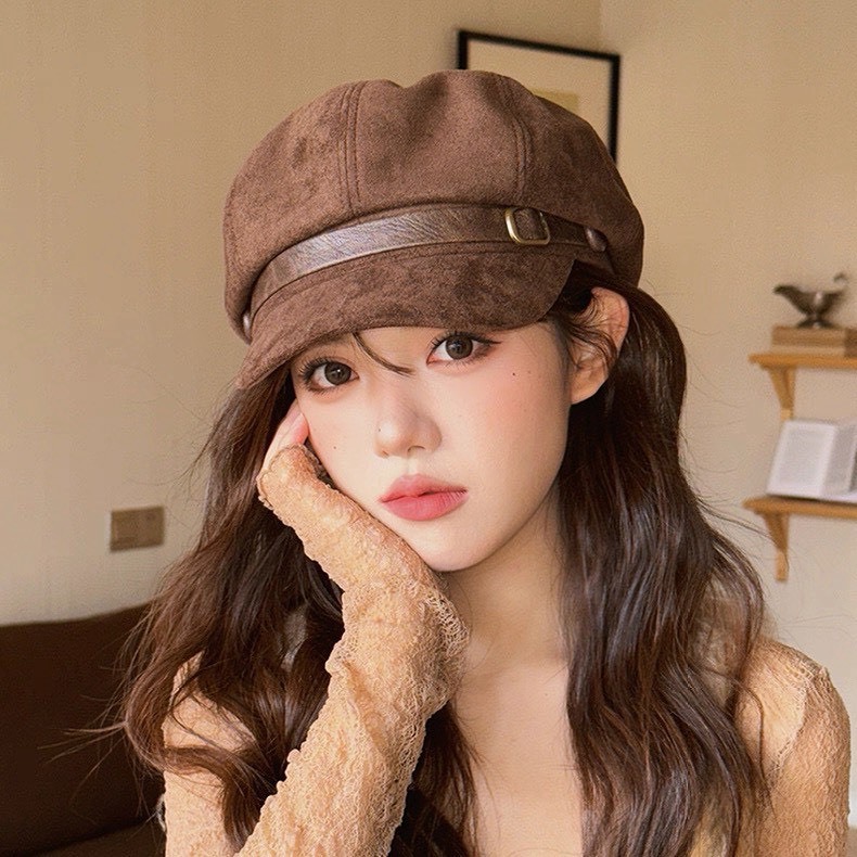 皮革釦環麂皮報童帽