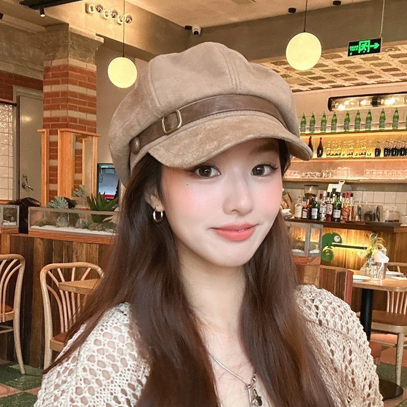 皮革釦環麂皮報童帽