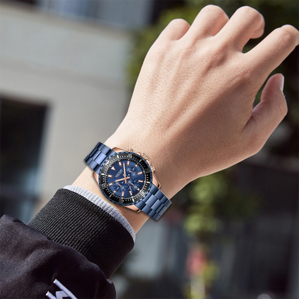 【MEGIR美格爾】MS2064G 時尚 真三眼 日期顯示 夜光 不鏽鋼 石英 手錶