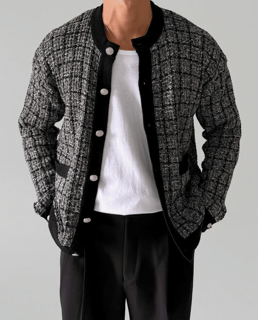 粗花呢口袋圓領開衫