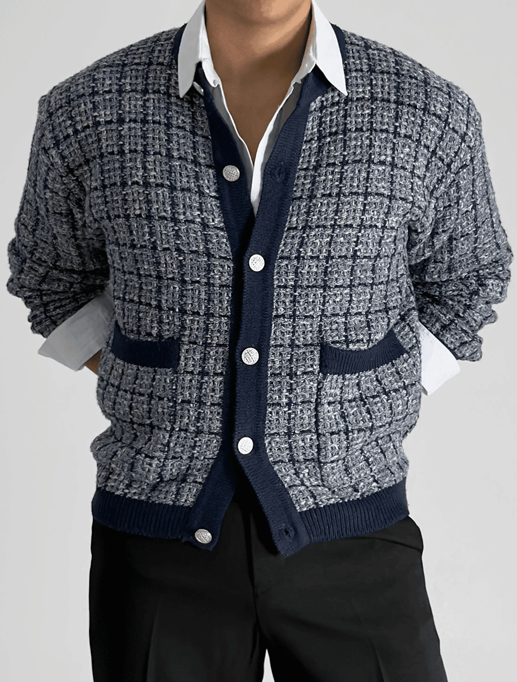 粗花呢口袋圓領開衫