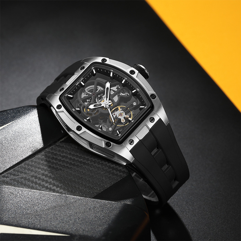 【MEGIR 美格爾】  MN2242G 潮流 酒桶型 雙面鏤空 夜光 不鏽鋼 機械 腕錶