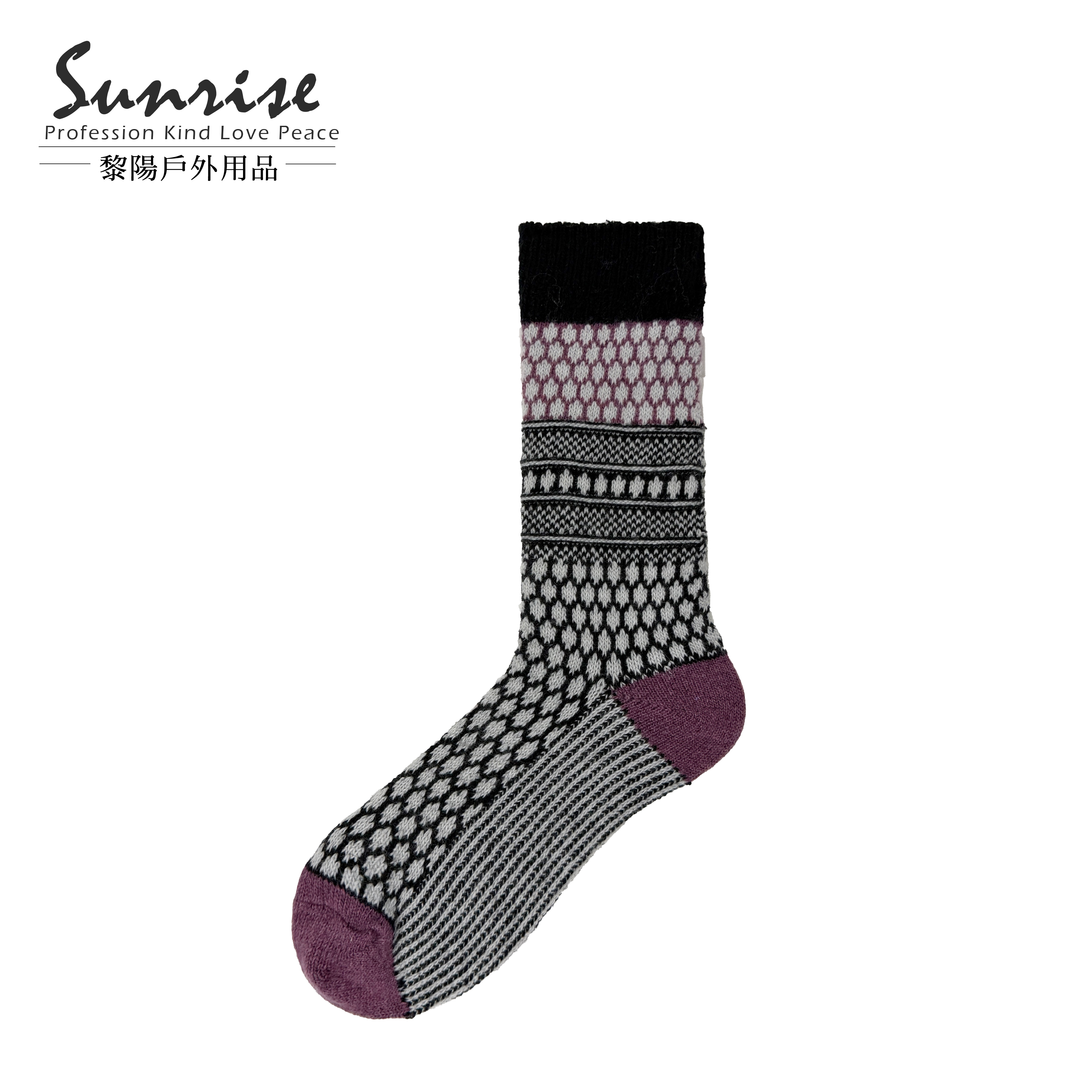 圖騰中筒羊毛襪 女款 (黑紫) 44KK2014-BK