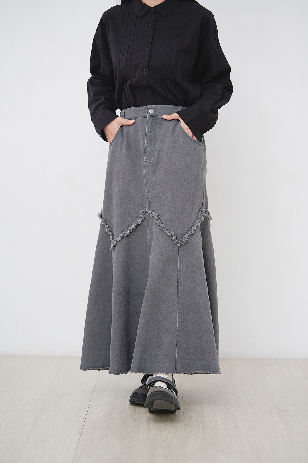 深淺夢！流蘇美人魚牛仔裙(三色-水洗灰)