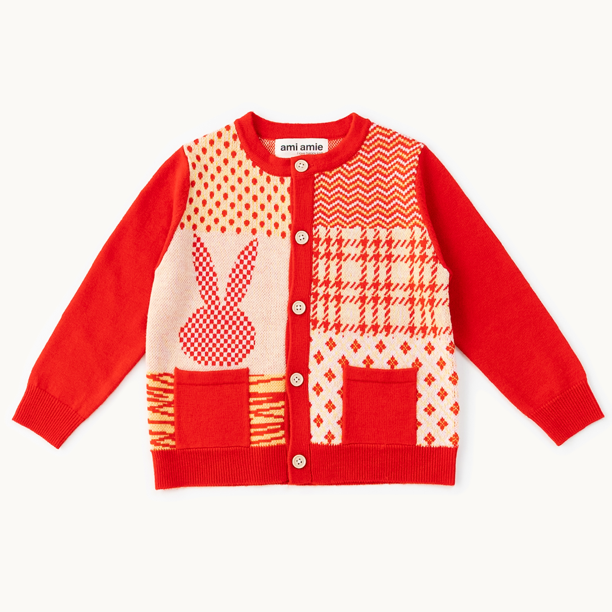 〖 Ami Amie 〗紅色格紋兔兔羊毛開襟外套