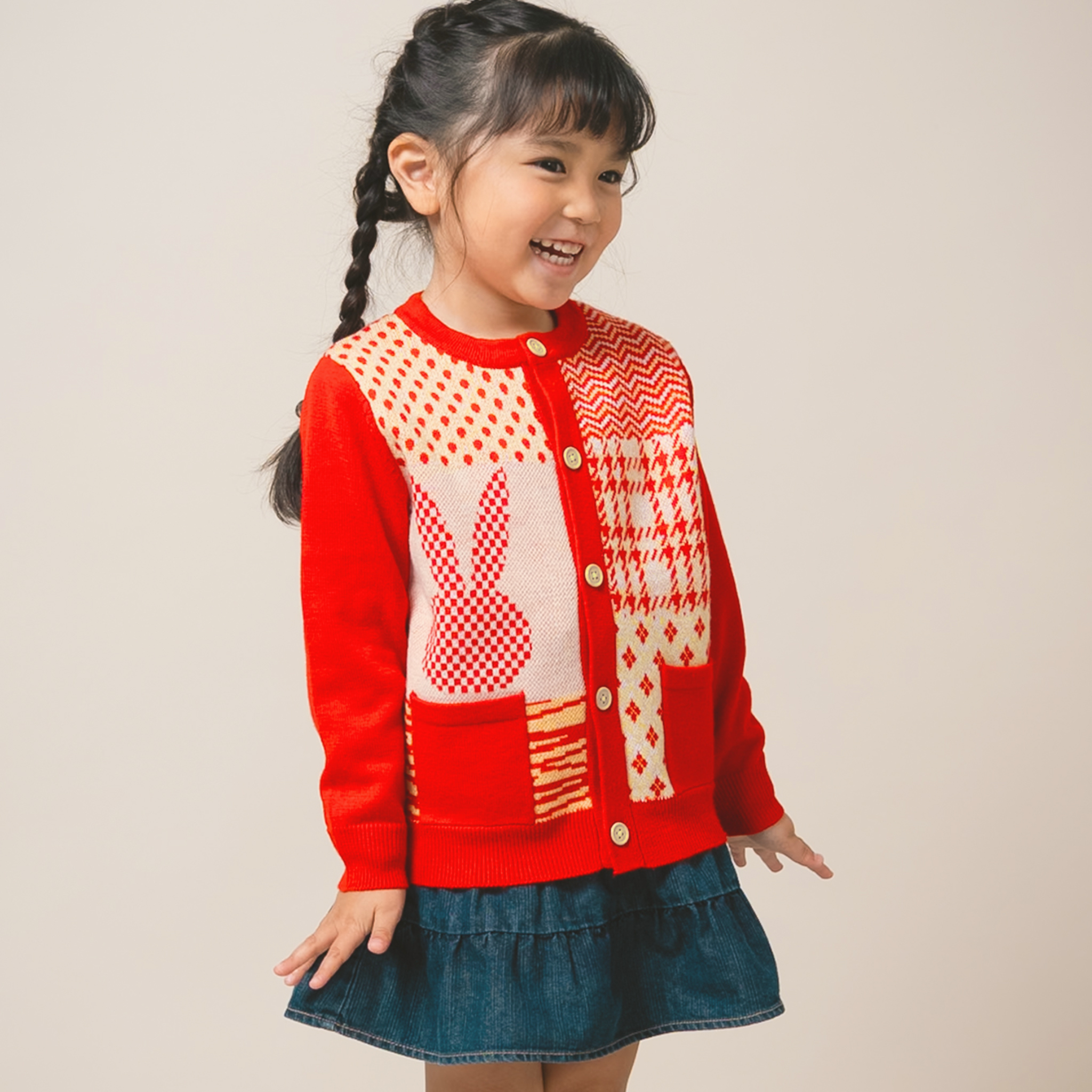 〖 Ami Amie 〗紅色格紋兔兔羊毛開襟外套