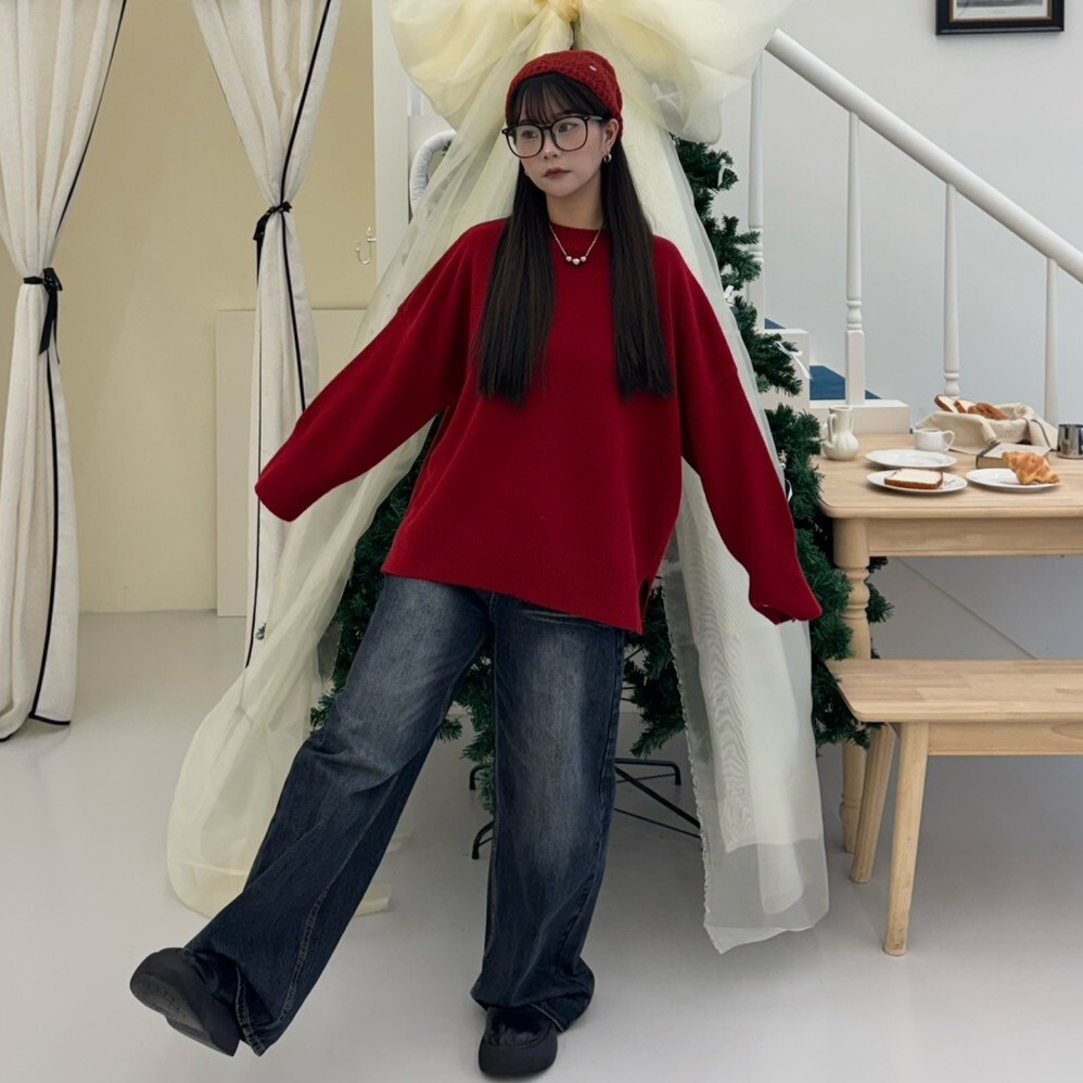 一天一色📅 厚實感側開衩圓領針織毛衣