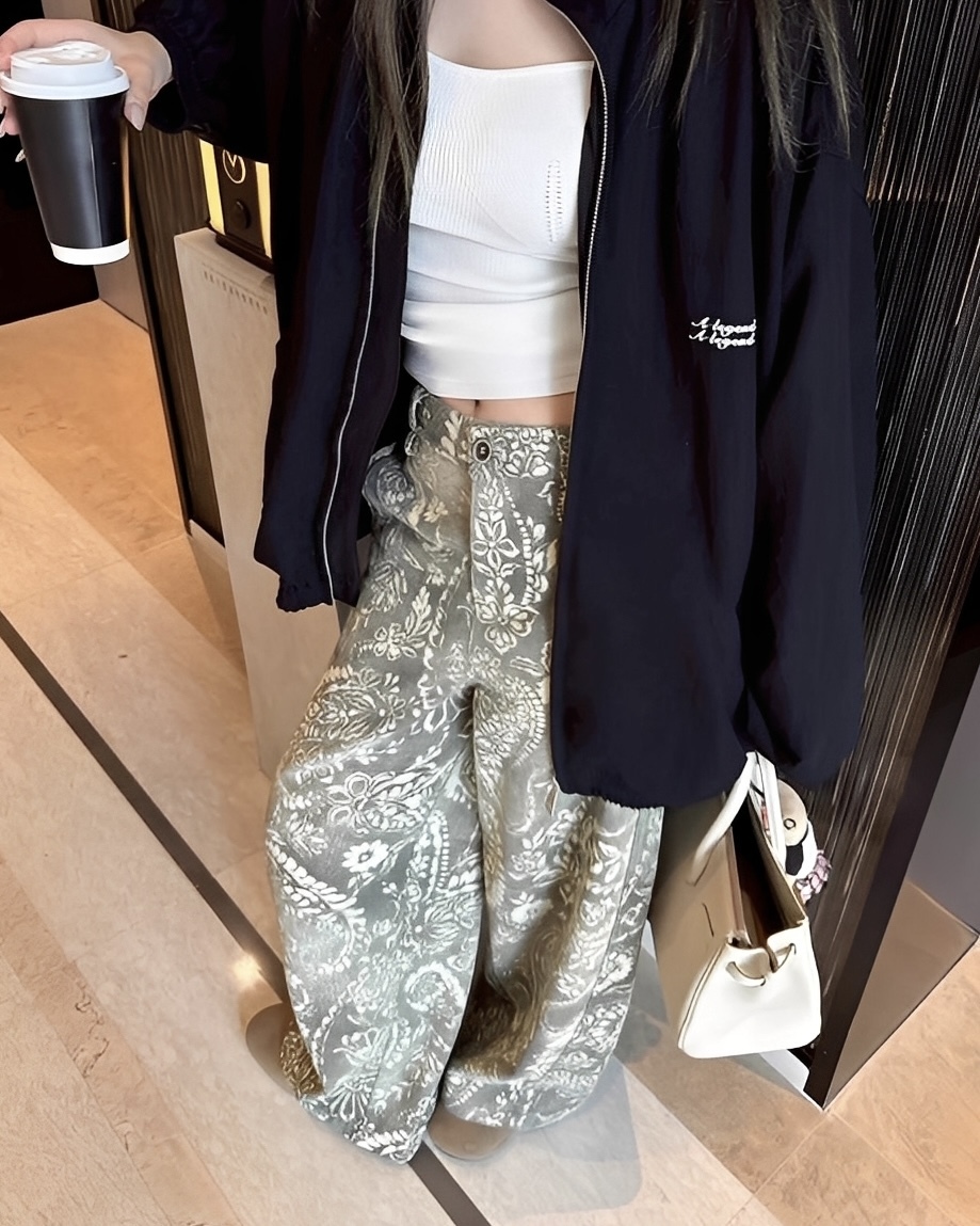 復古 腰果花 仿舊 直筒 休閒 長褲