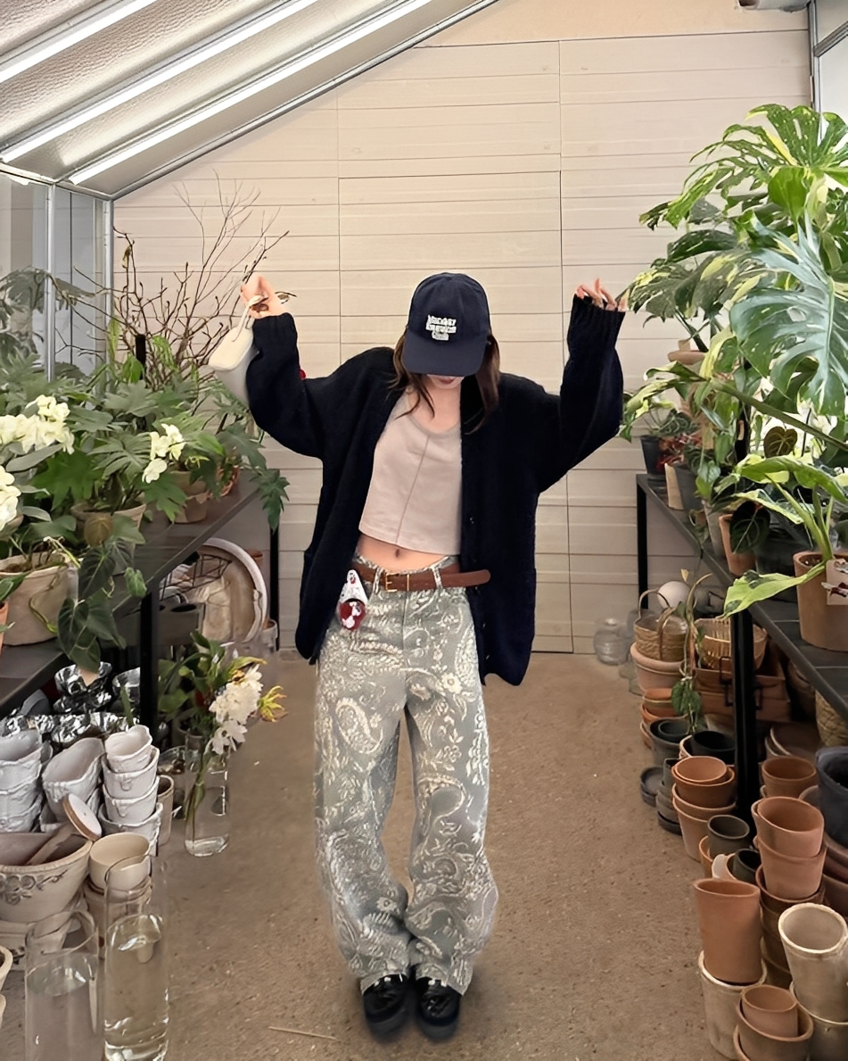 復古 腰果花 仿舊 直筒 休閒 長褲