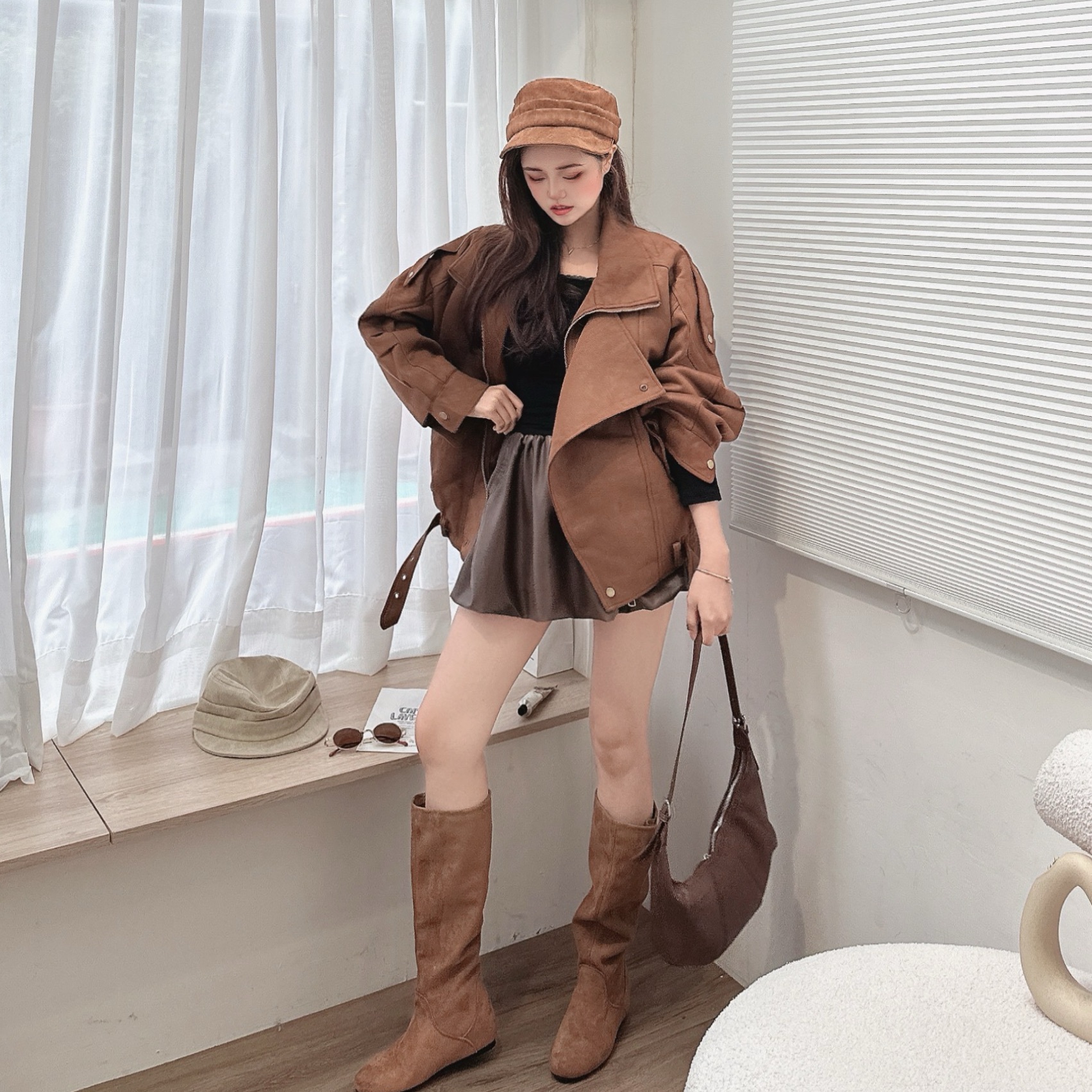 重工麂皮絨大翻領外套/單色