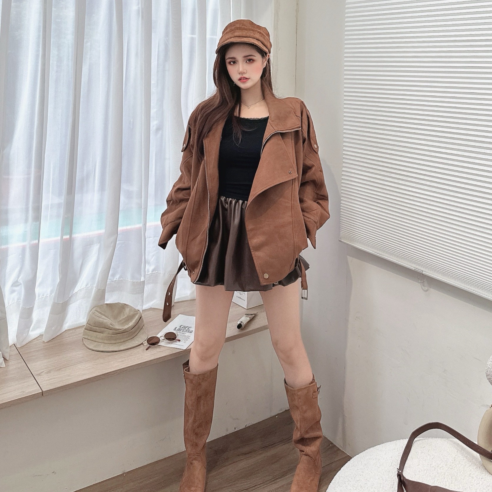 重工麂皮絨大翻領外套/單色