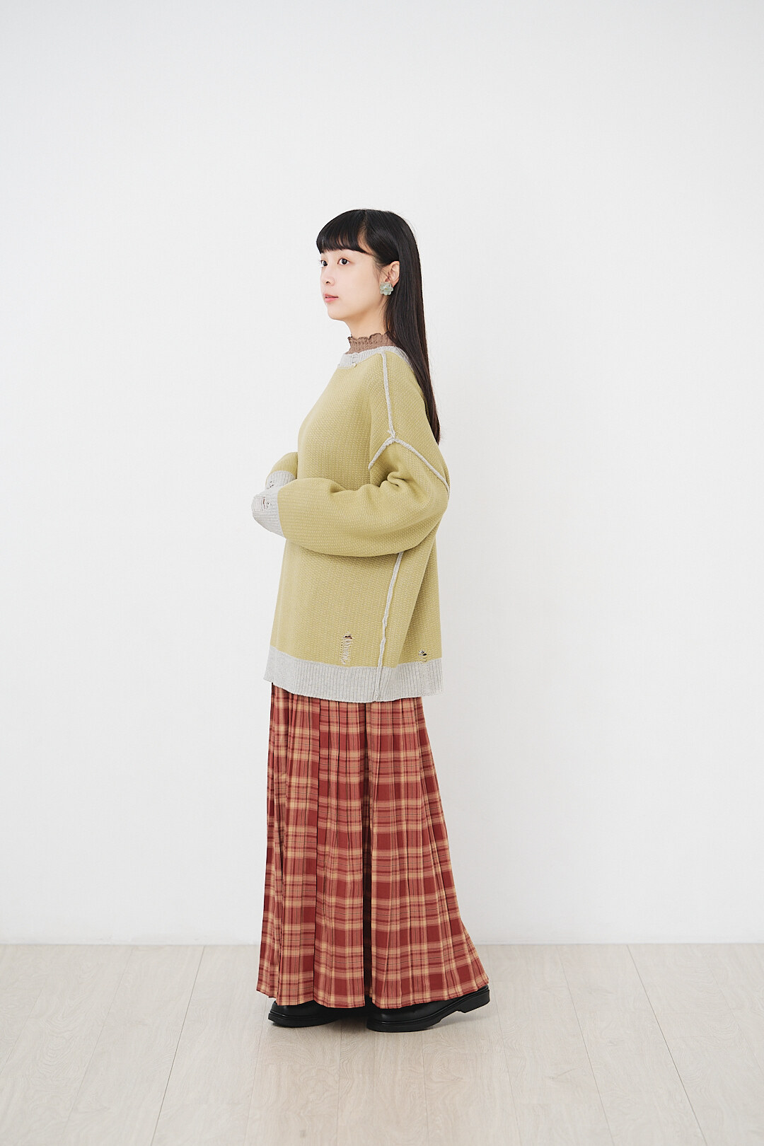 風鈴裙擺時！自然色調壓褶裙(兩色-橙紅)