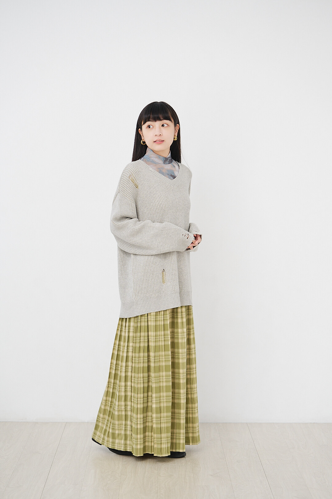 風鈴裙擺時！自然色調壓褶裙(兩色-黃綠)