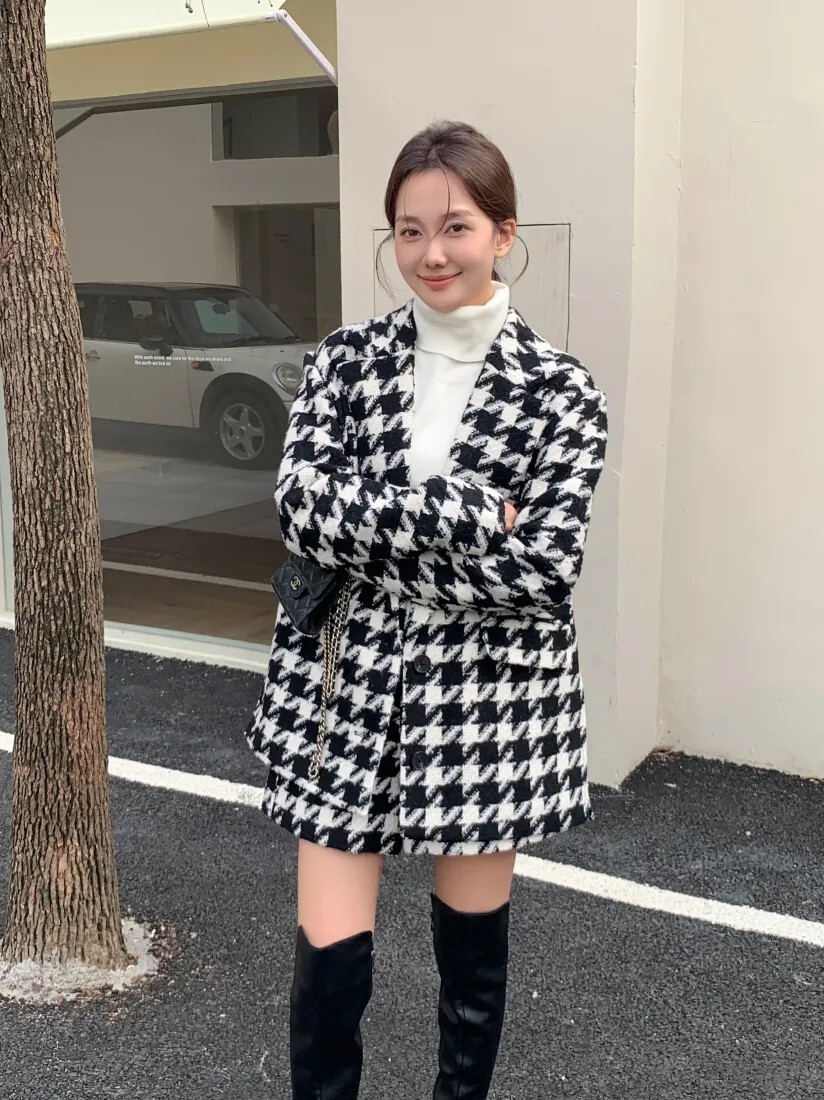 配色大千鳥格紋毛呢西裝外套+短裙SET-S-M (Elegant & Love)