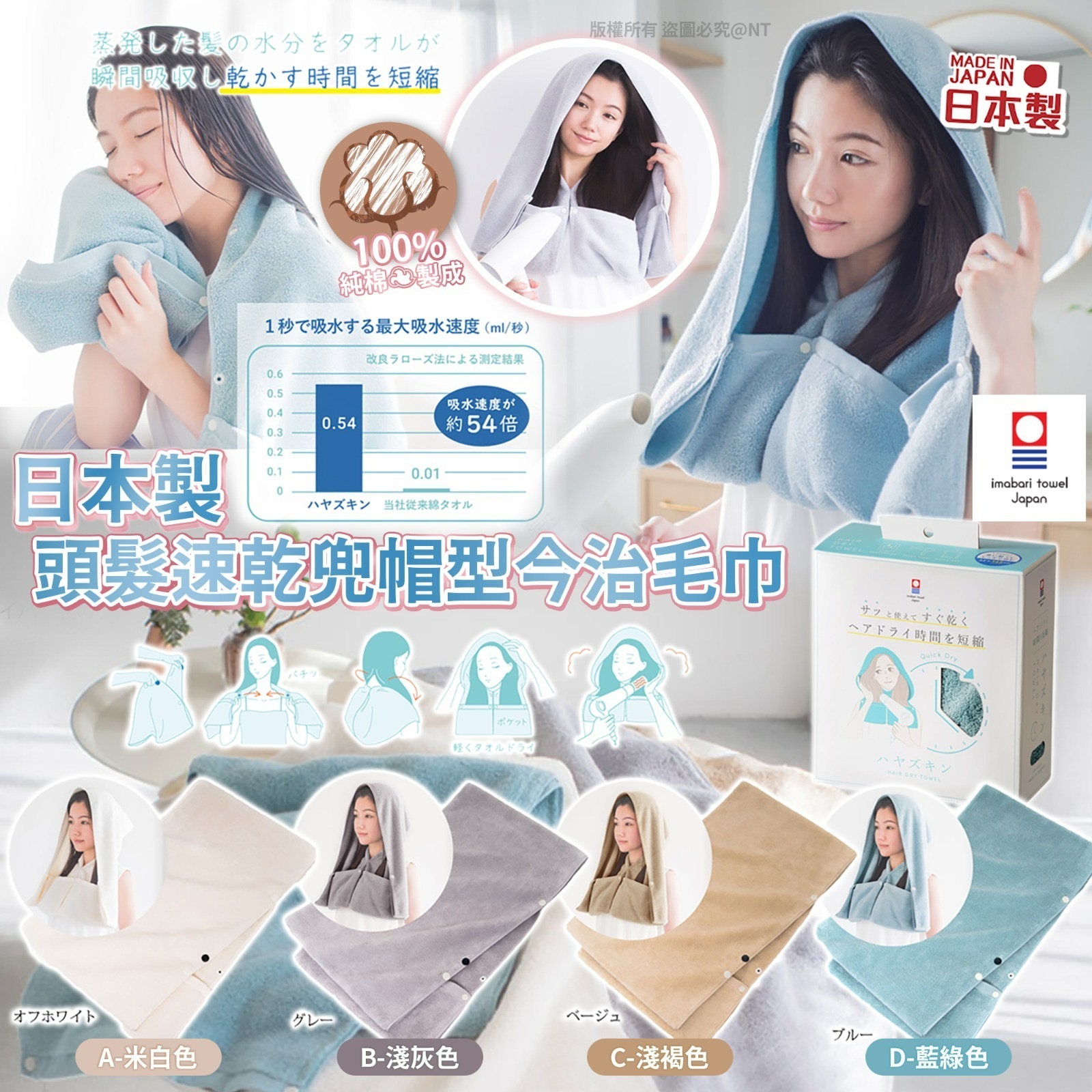 日本製頭髮速乾兜帽型今治毛巾